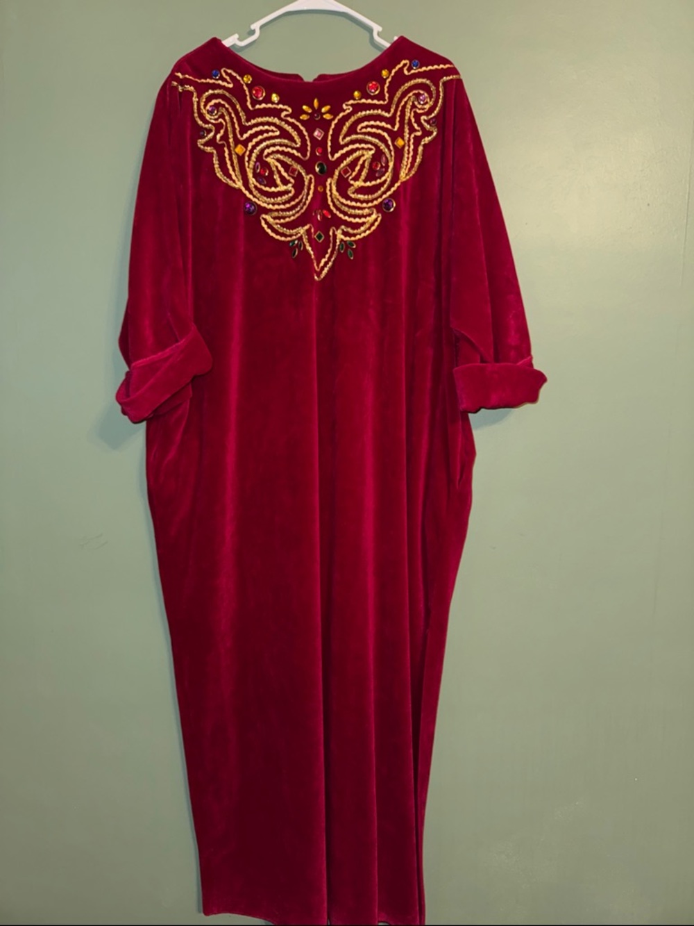 Vintage David Brown Jeweled Velour Kaftan Dress Deep Red Housecoat Dressing Gown